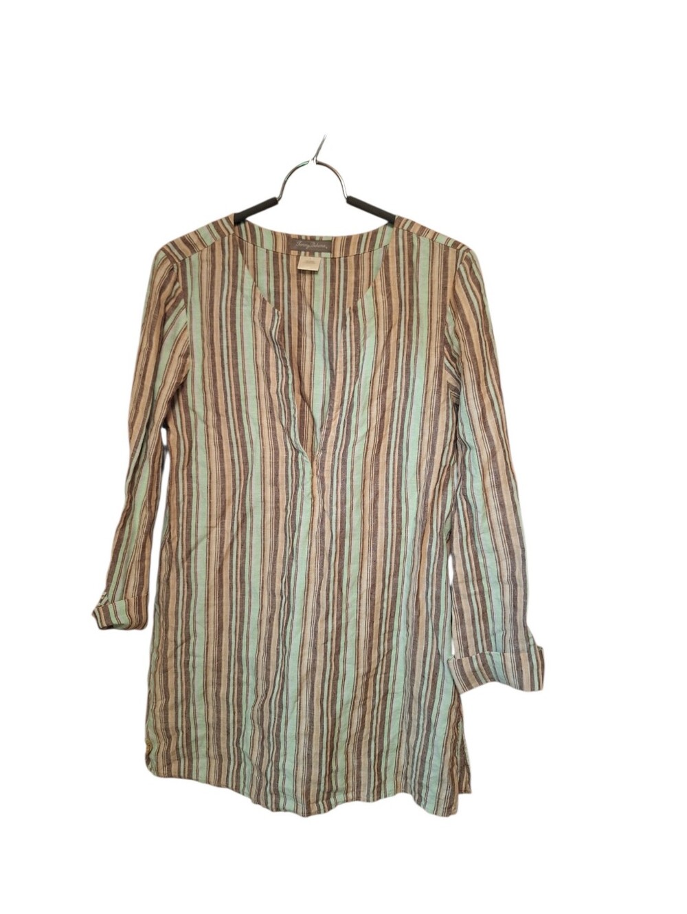 Tommy Bahama Striped 100% Linen Tunic Top Ladies Medium 3/4 Sleeves Natural